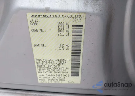 2015 Nissan Altima 2.5/2.5 S/2.5 Sl/2.5 Sv from USA, damaged, VIN 1N4AL3AP9FN392003